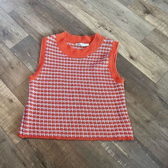 ZARA LILAC PURPIE ORANGE CROCHET CHECK 60'S INSPIRED TOP size L - Picture 1 of 8